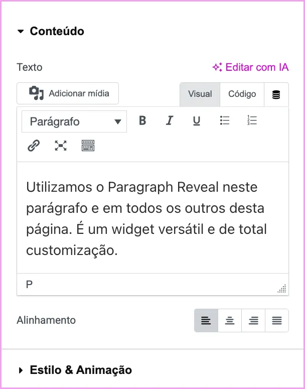Paragraph Reveal - Motion Pro Addons. Plugin de Animação Avançada para Elementor.